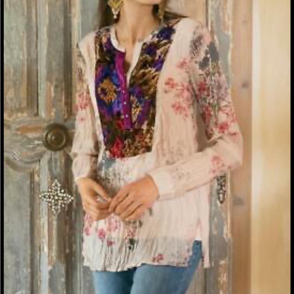 Soft Surroundings floral velvet trim blouse size small